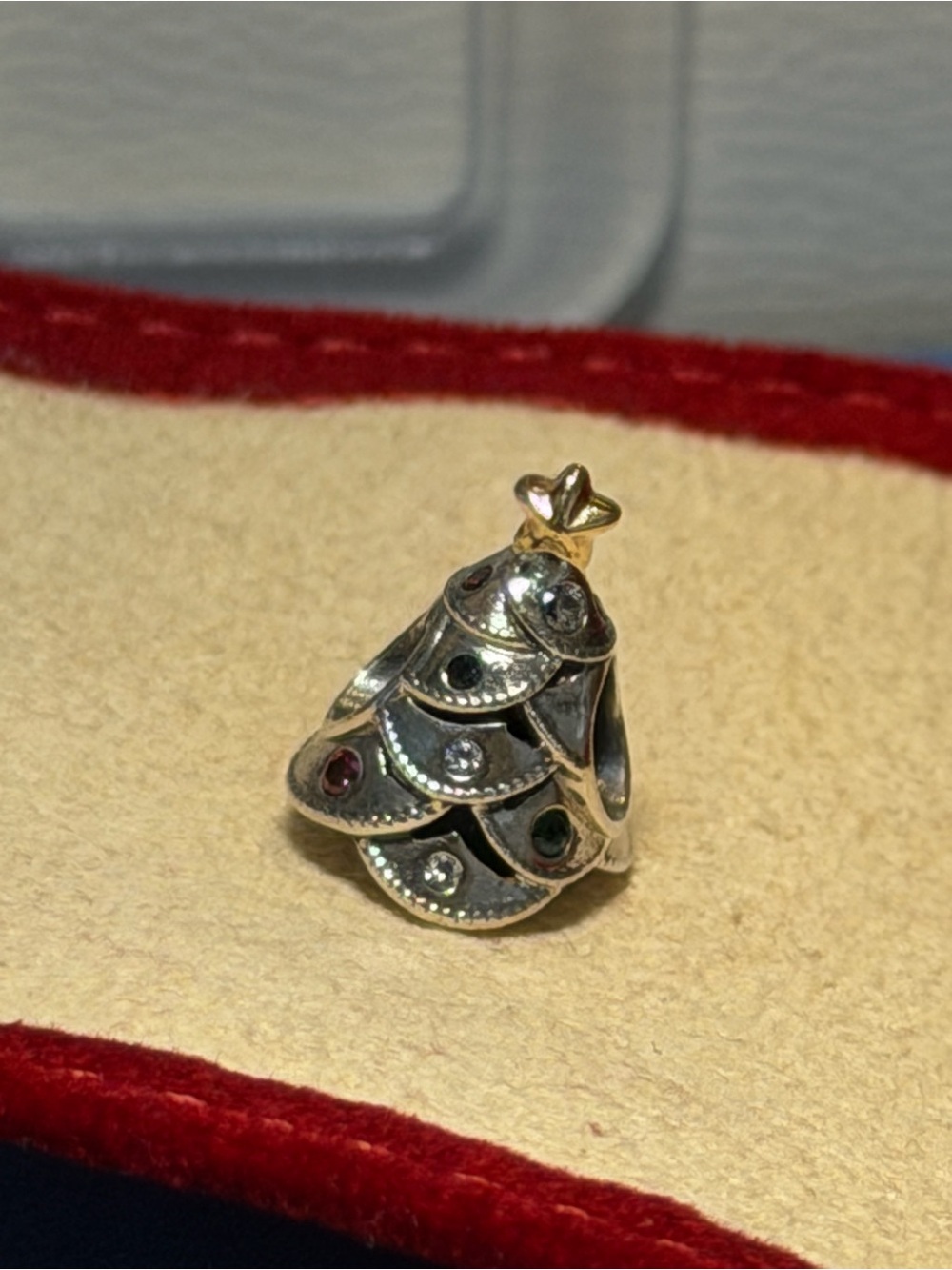 Sterling Silver Pandora Christmas Tree Charm with Gold Star and Crystals